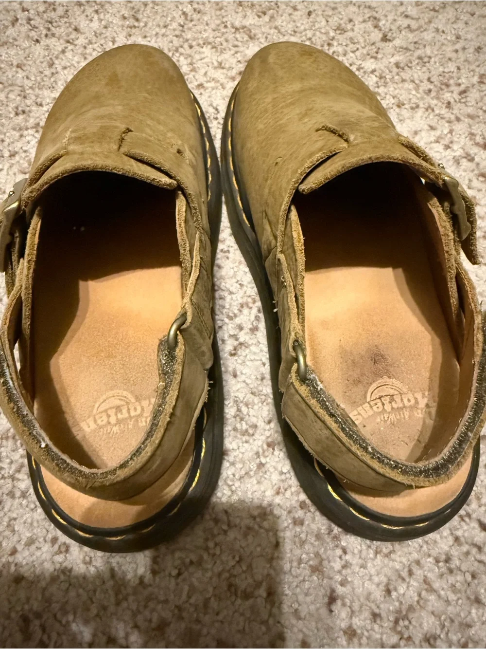 Dr. Martens Olive Green Leather Buckle Clogs with Yellow Stitching